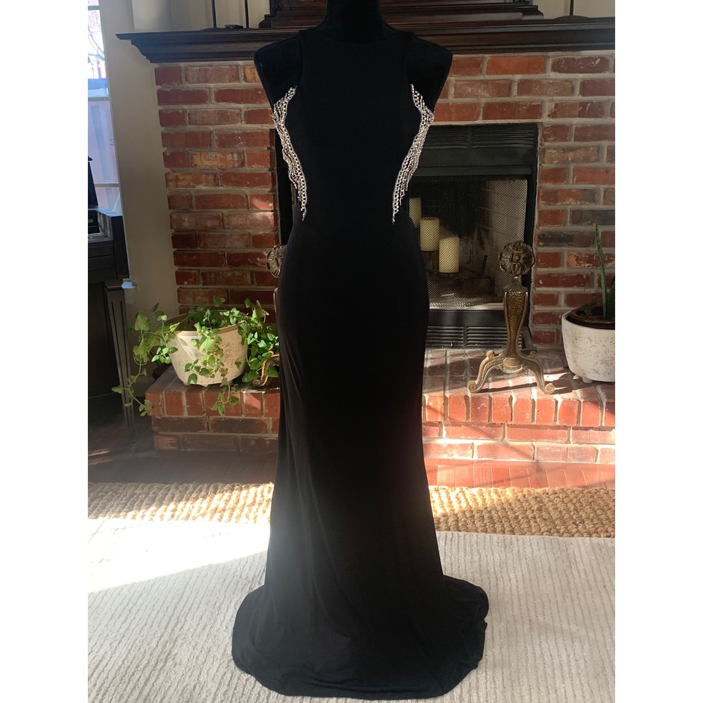 Terani Couture Black Beaded Open‎ Back Cut Out Formal Evening Gown Dress Size 0